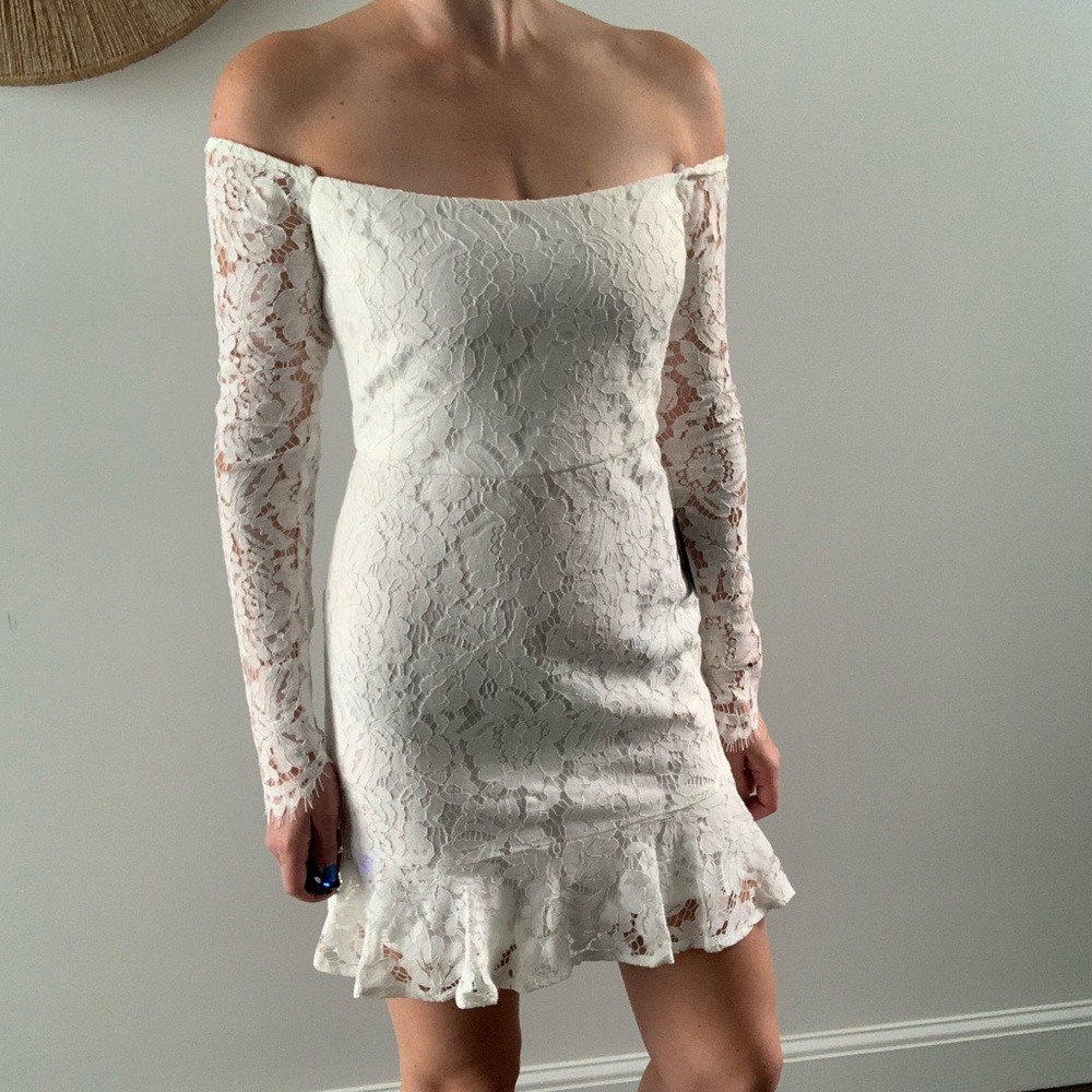Lulus Romance Dreamer White Lace Off the Shoulder Mini